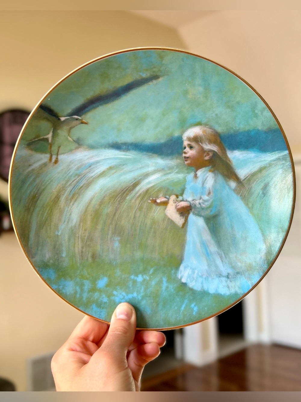 Vintage Abstract Girl Feeding Seagull on Beach Porcelain Plate by Viletta